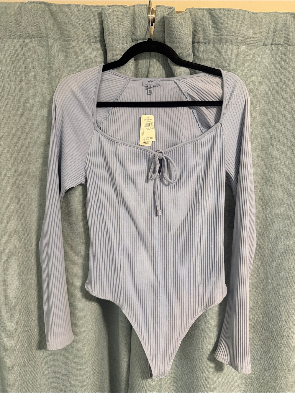 aerie Pale Blue Ribbed Tie-Front Long Sleeve Bodysuit